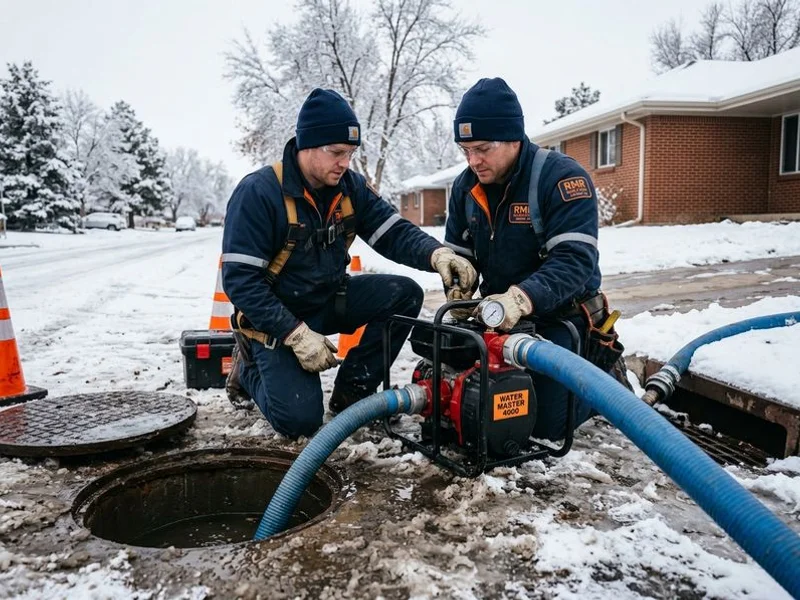 Sewer backup containment with technician in safety gear