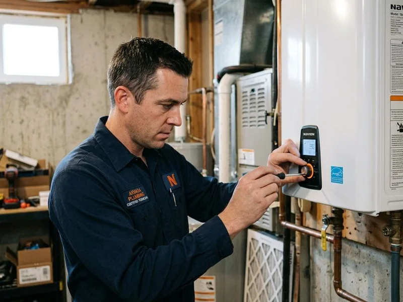 Technician programming tankless temperature settings