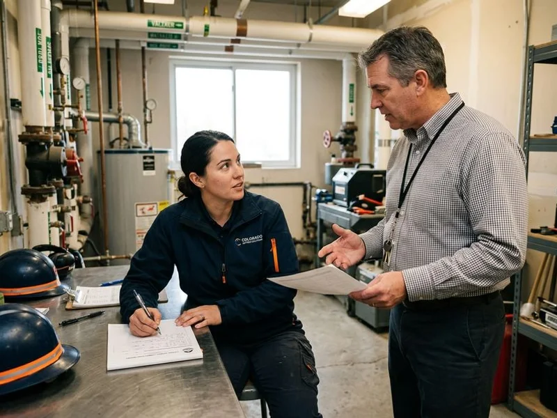 Technician reviewing completion report with a commercial property manager