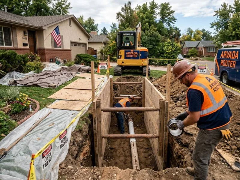 Traditional excavation with landscape protection and trench shoring