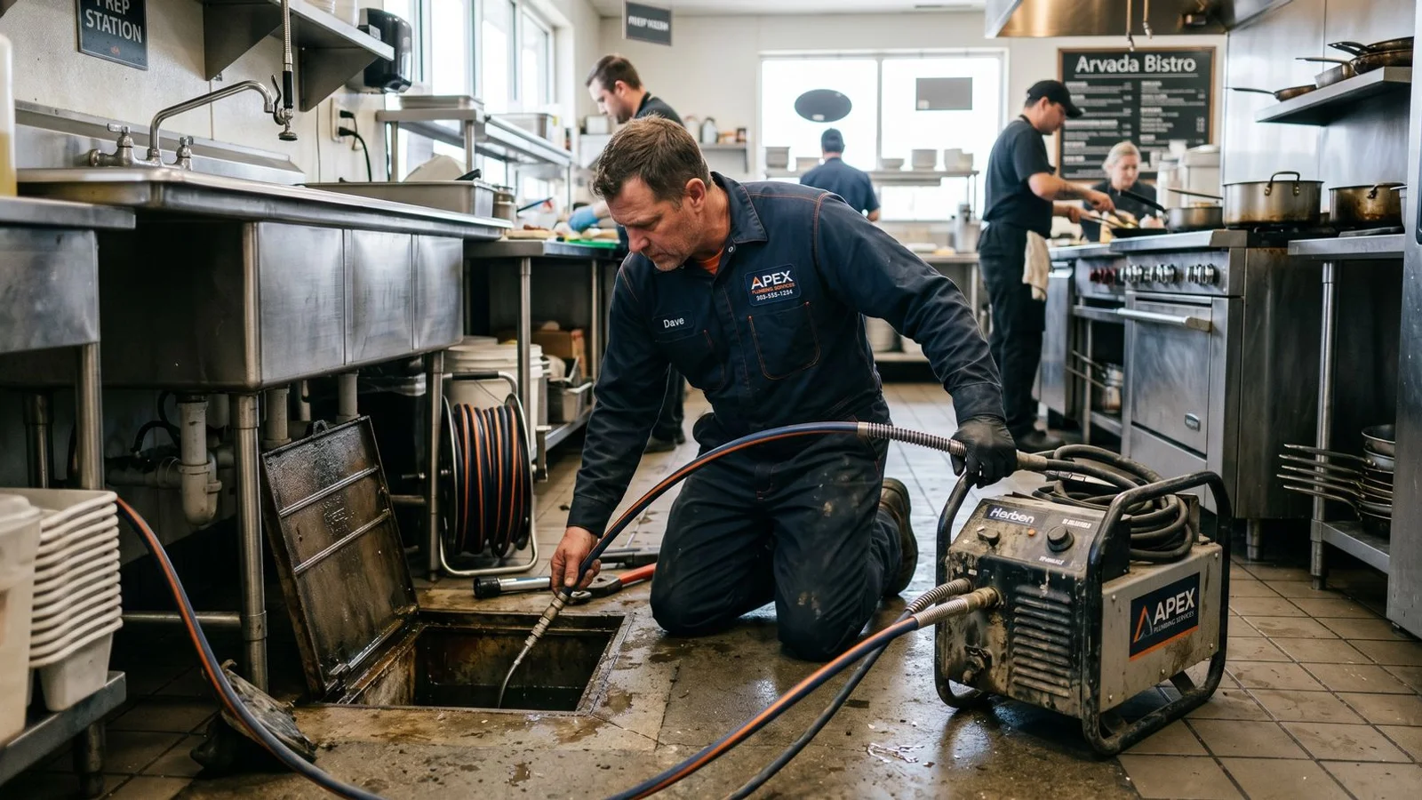 Commercial plumber servicing a restaurant kitchen