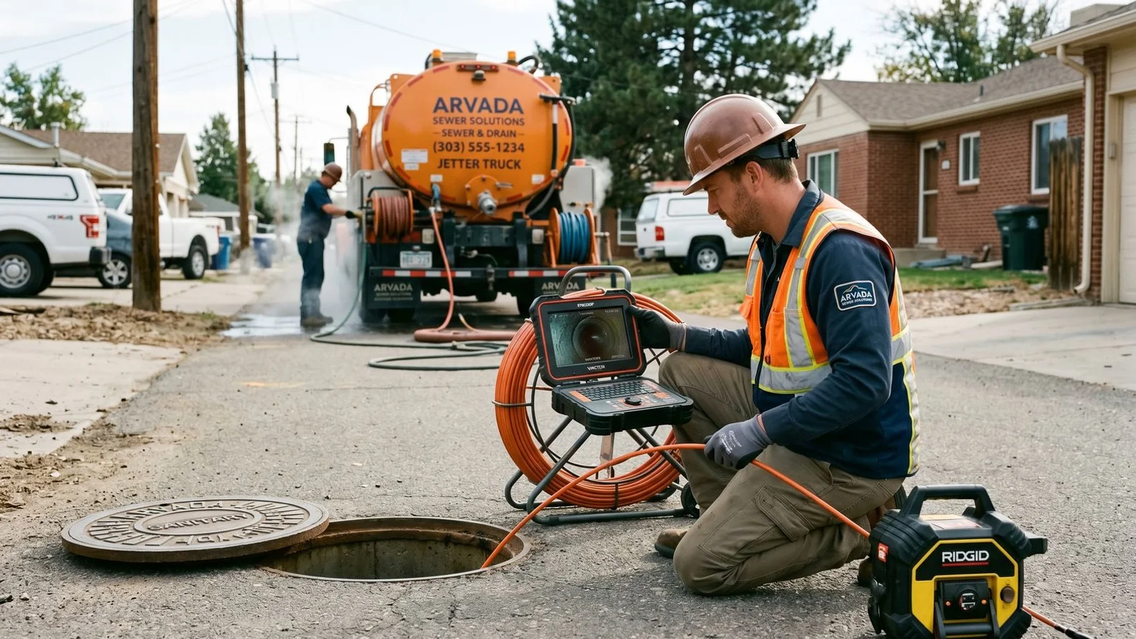 Drain and sewer technician with camera and jetting equipment in Arvada