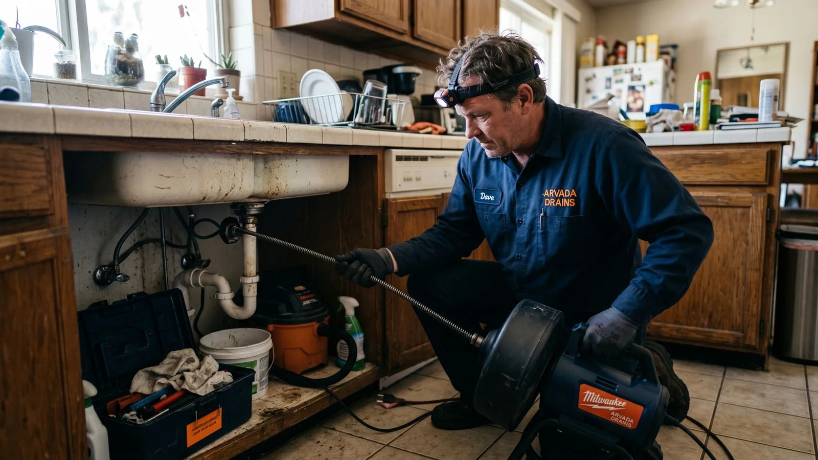Plumber clearing a kitchen drain with a powered auger in an Arvada home