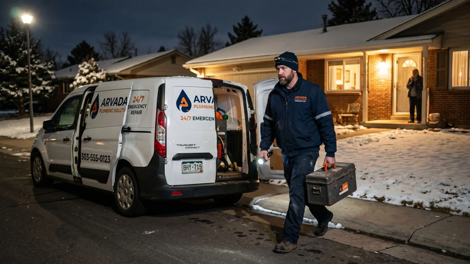 Emergency plumber arriving at a Colorado home at night with a fully stocked service van