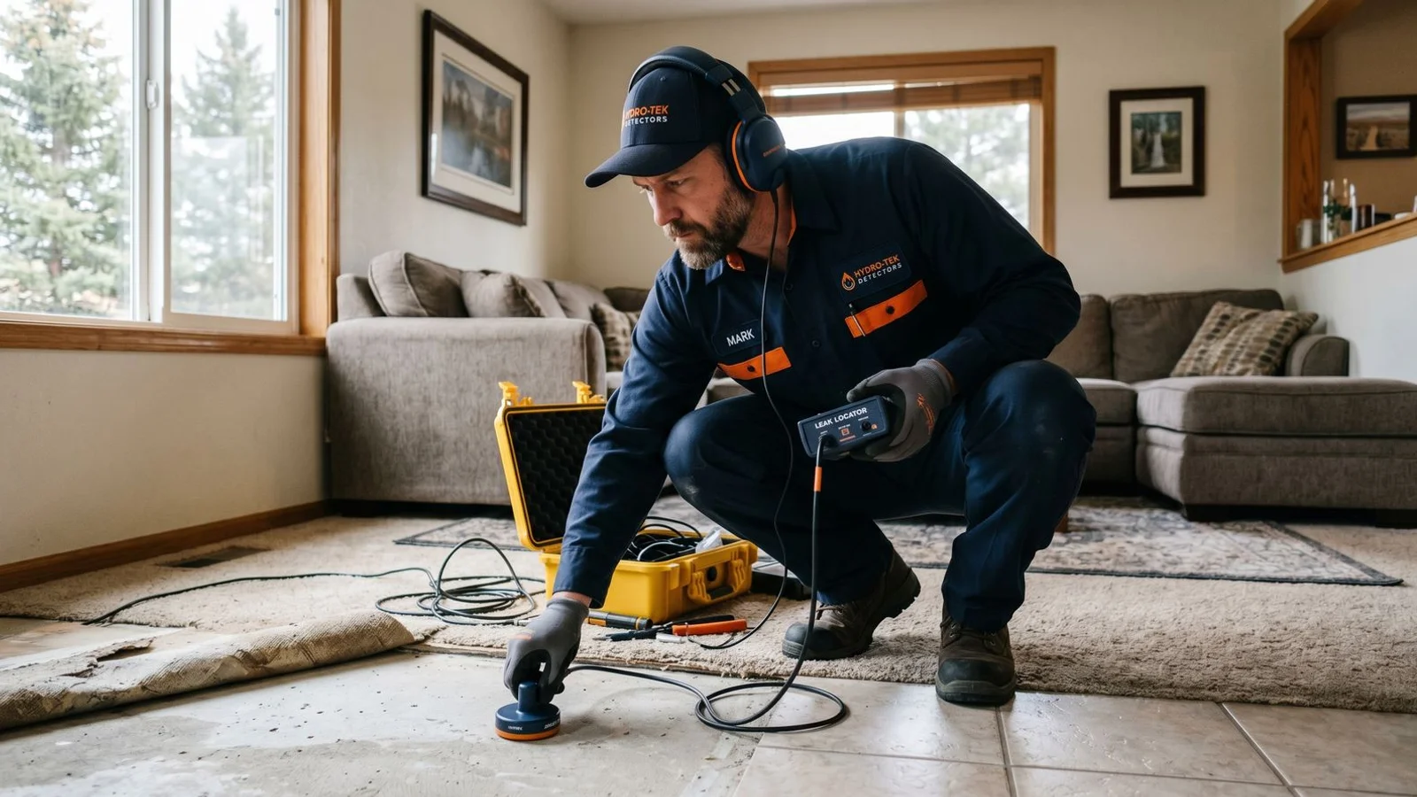 Leak detection technician using acoustic equipment to find a hidden slab leak