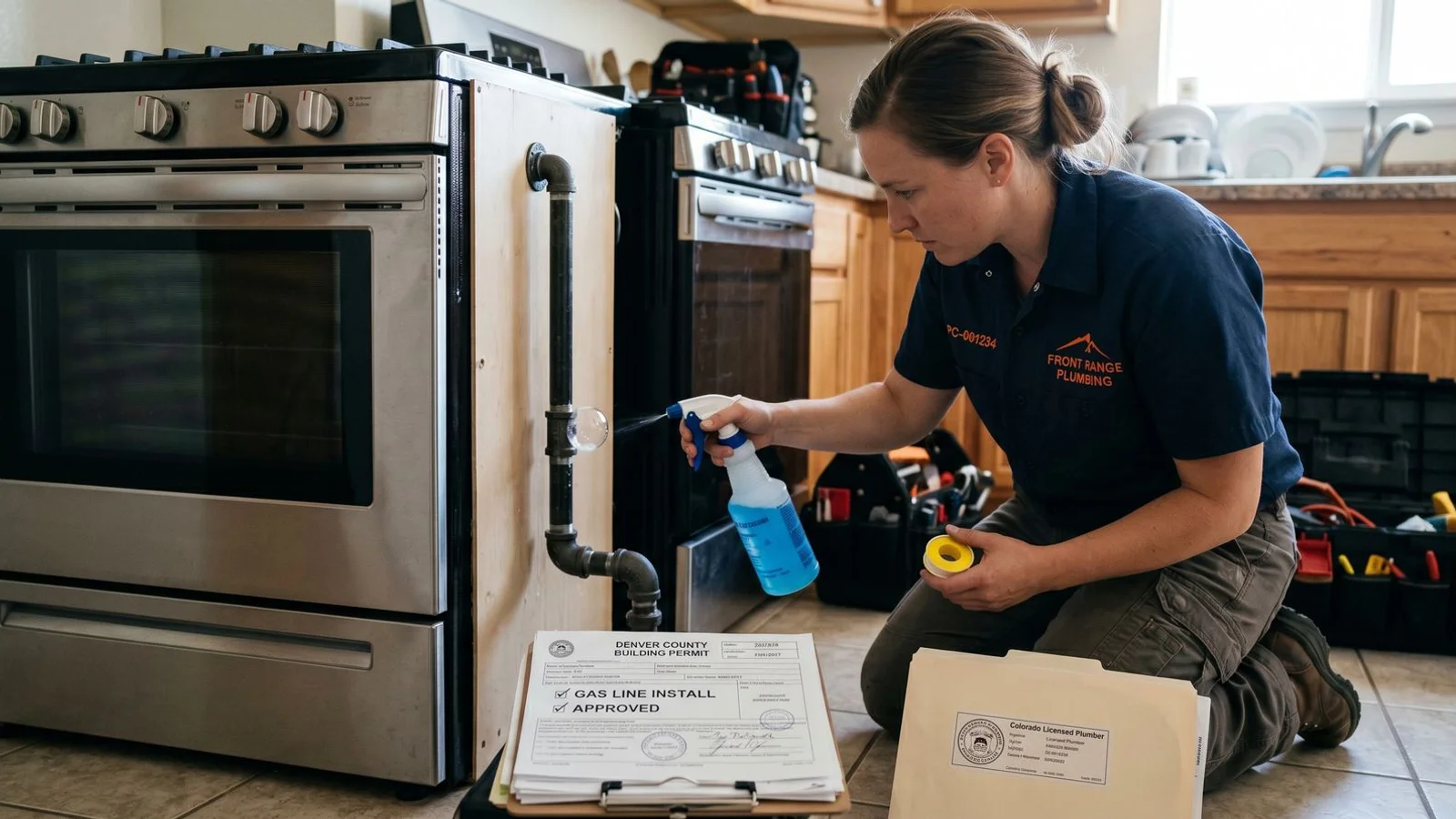 Licensed plumber installing a new gas line with leak detection
