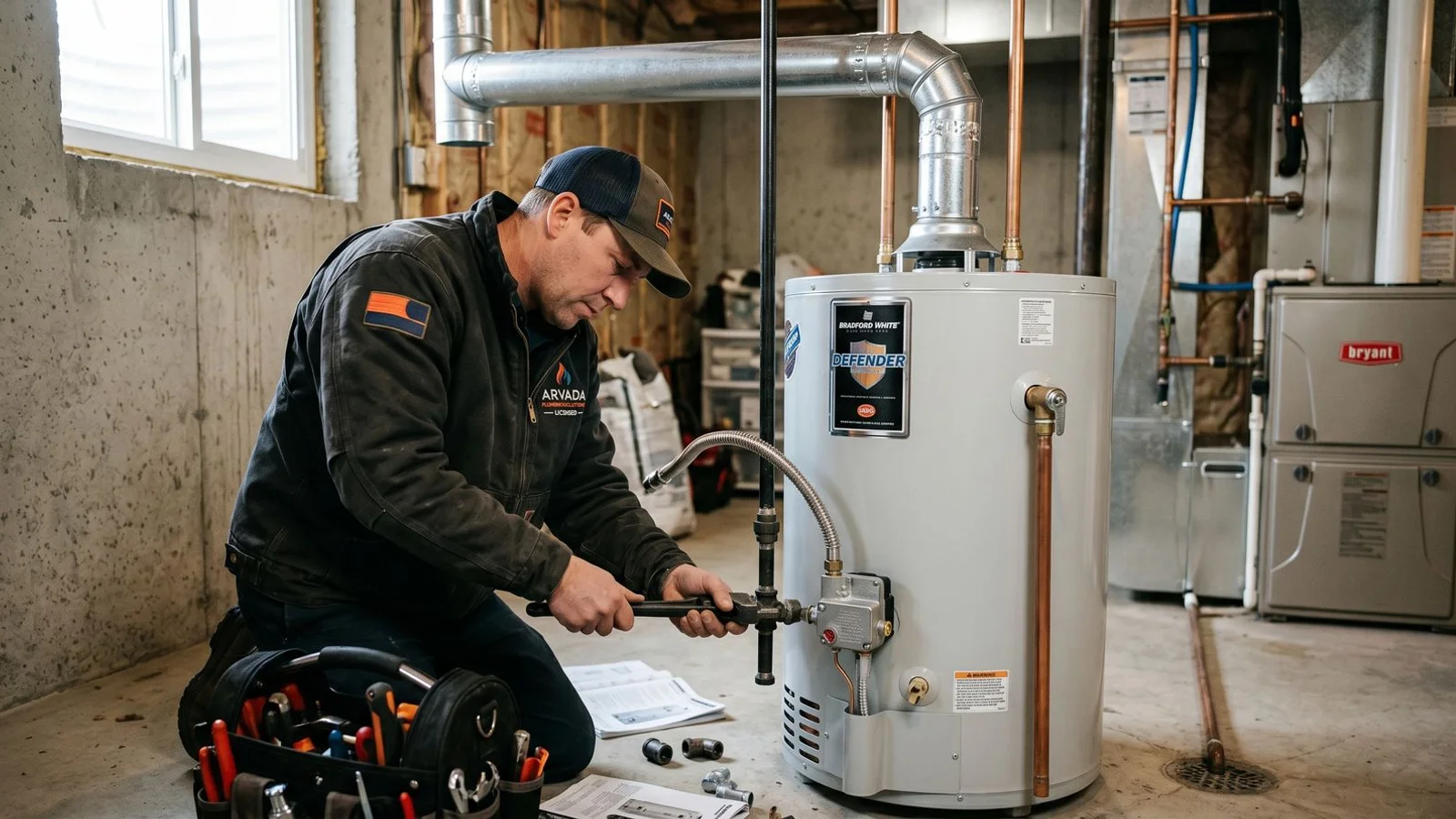 Licensed plumber installing a new water heater with proper venting and T&P valve