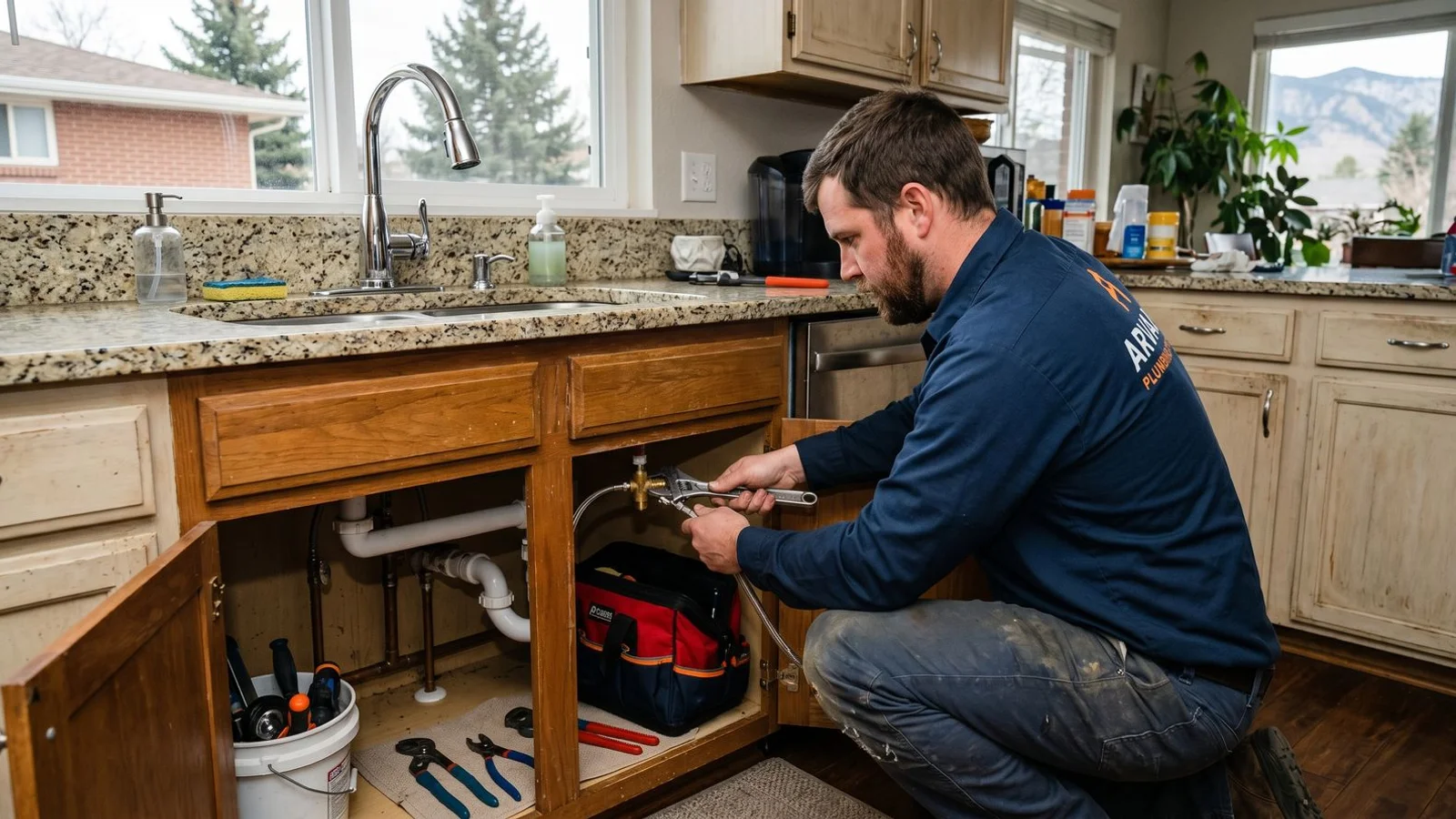Plumber installing a new kitchen faucet