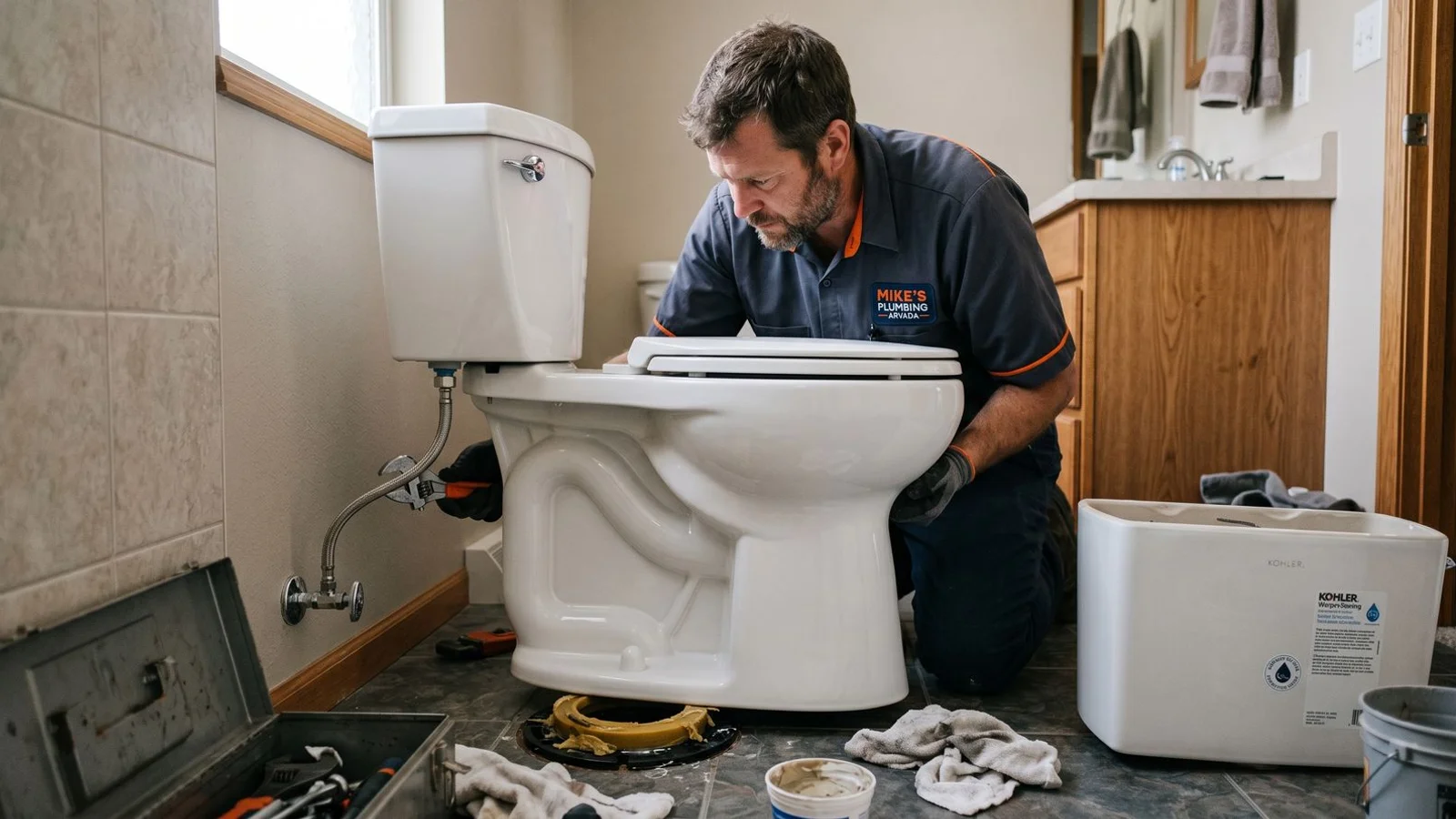 Plumber installing a new water-saving toilet