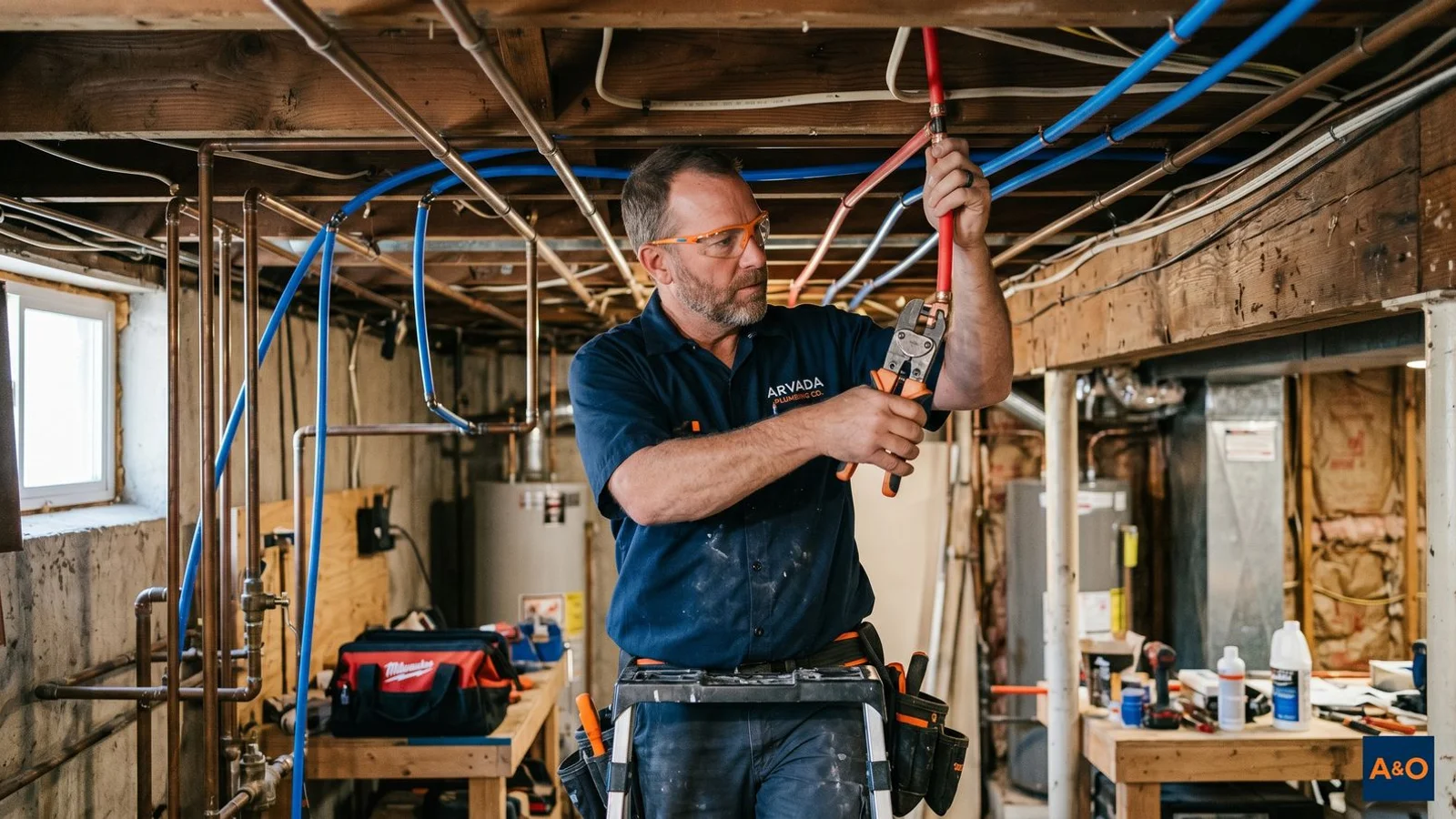 Plumber installing new PEX supply lines during a whole-house repipe