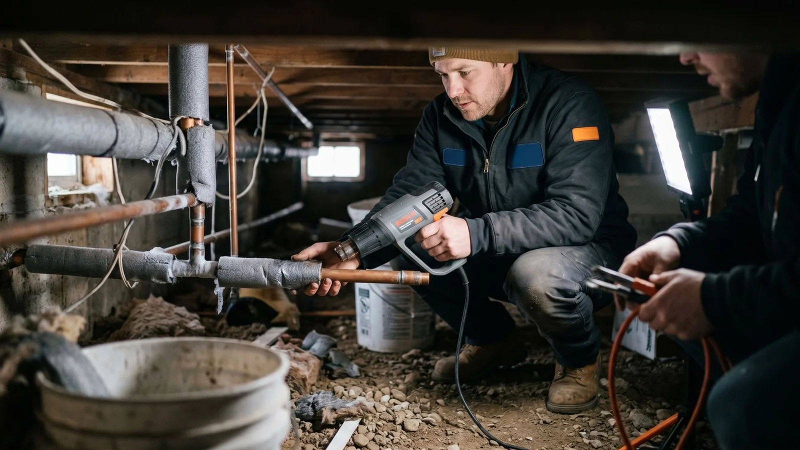 Plumber safely thawing a frozen pipe in a winter crawl space