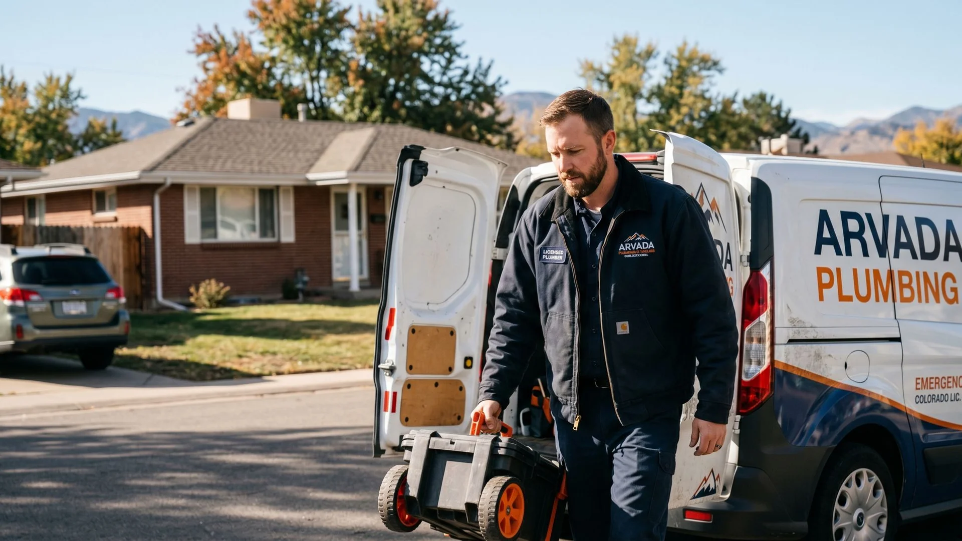 Arvada Pro Plumbing licensed technician with service van at a residential home