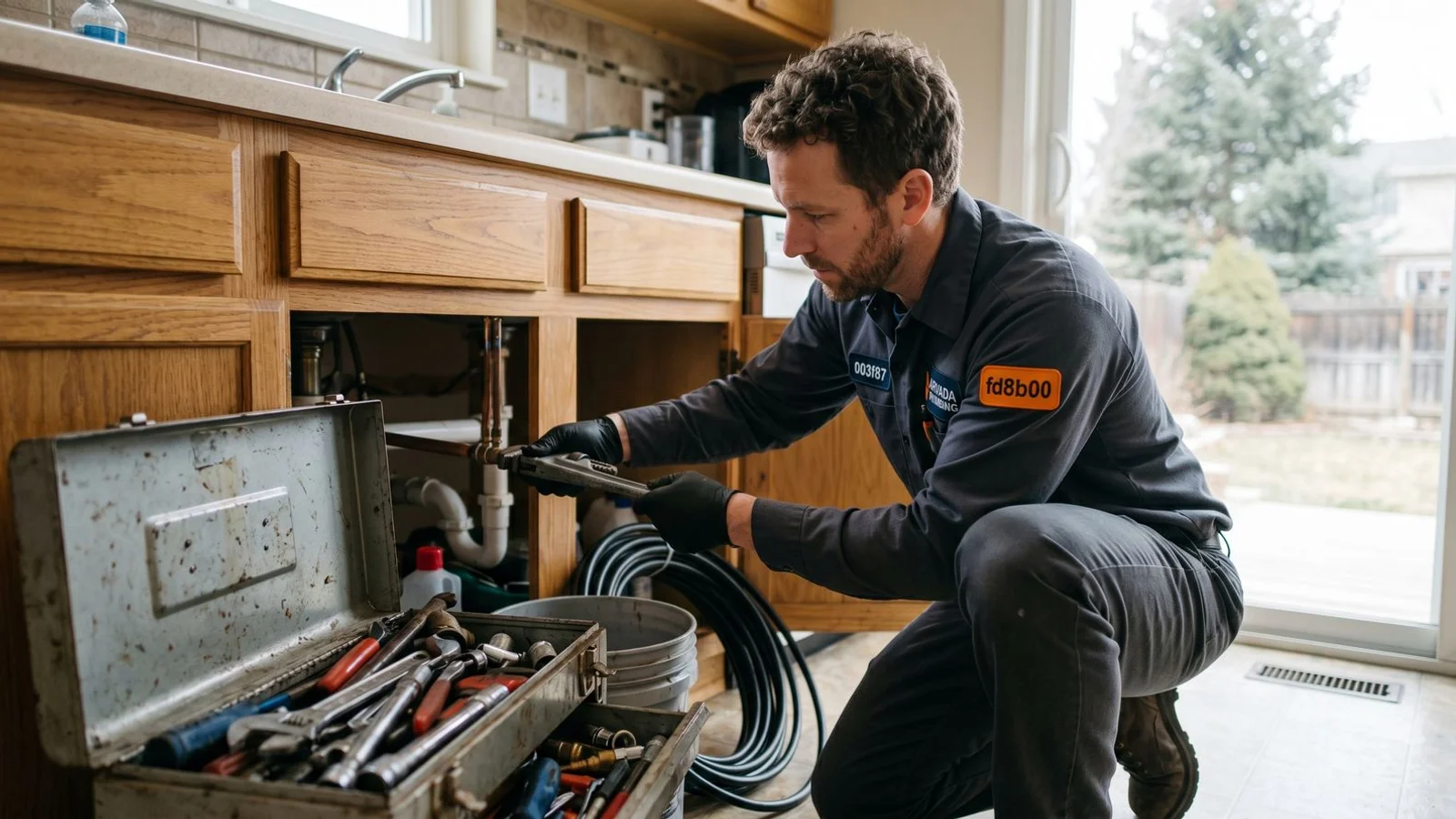Residential plumber working in an Arvada home