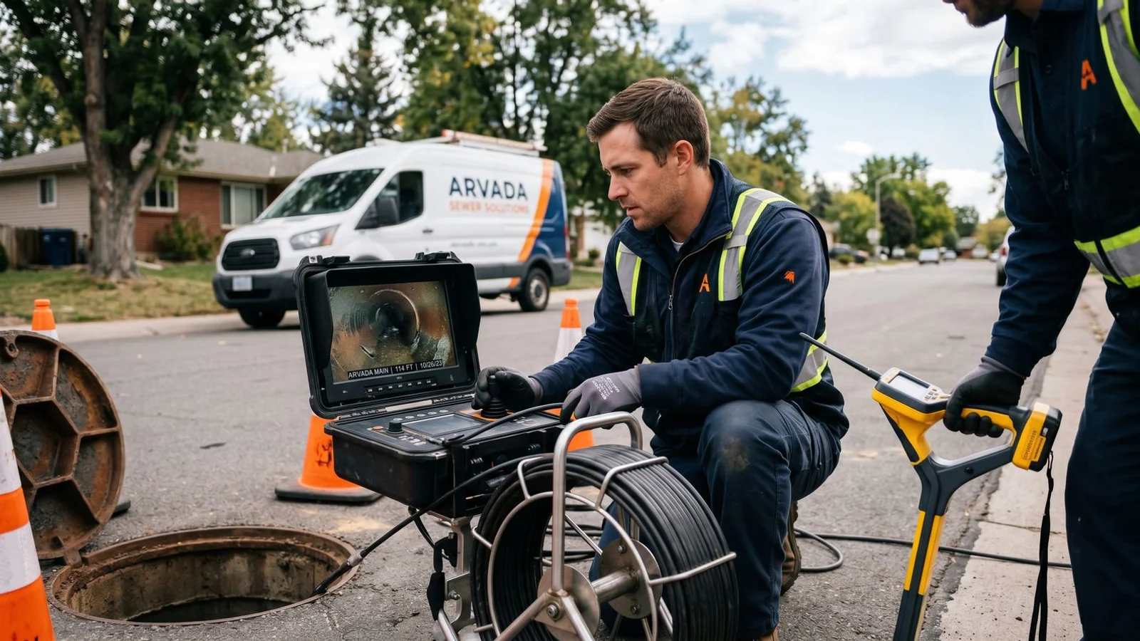 Sewer technician monitoring a live camera feed as the scope moves through the main line