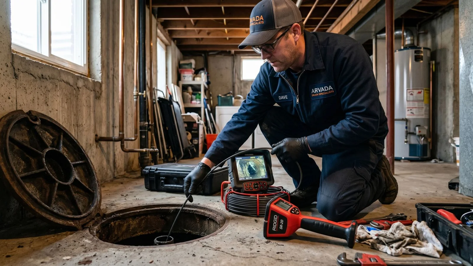 Sewer technician running a camera inspection through the main line at an Arvada home