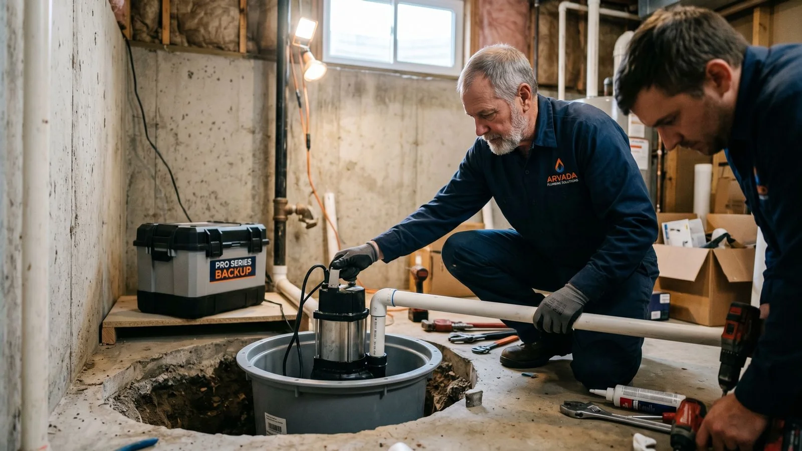 Sump pump installation with battery backup in an Arvada basement