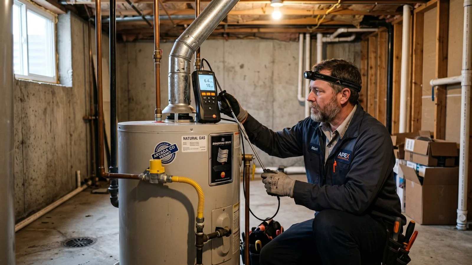 Water heater technician diagnosing a unit in an Arvada home