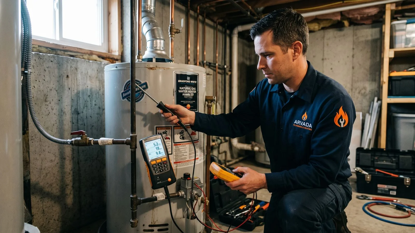 Plumber diagnosing a gas water heater in an Arvada home